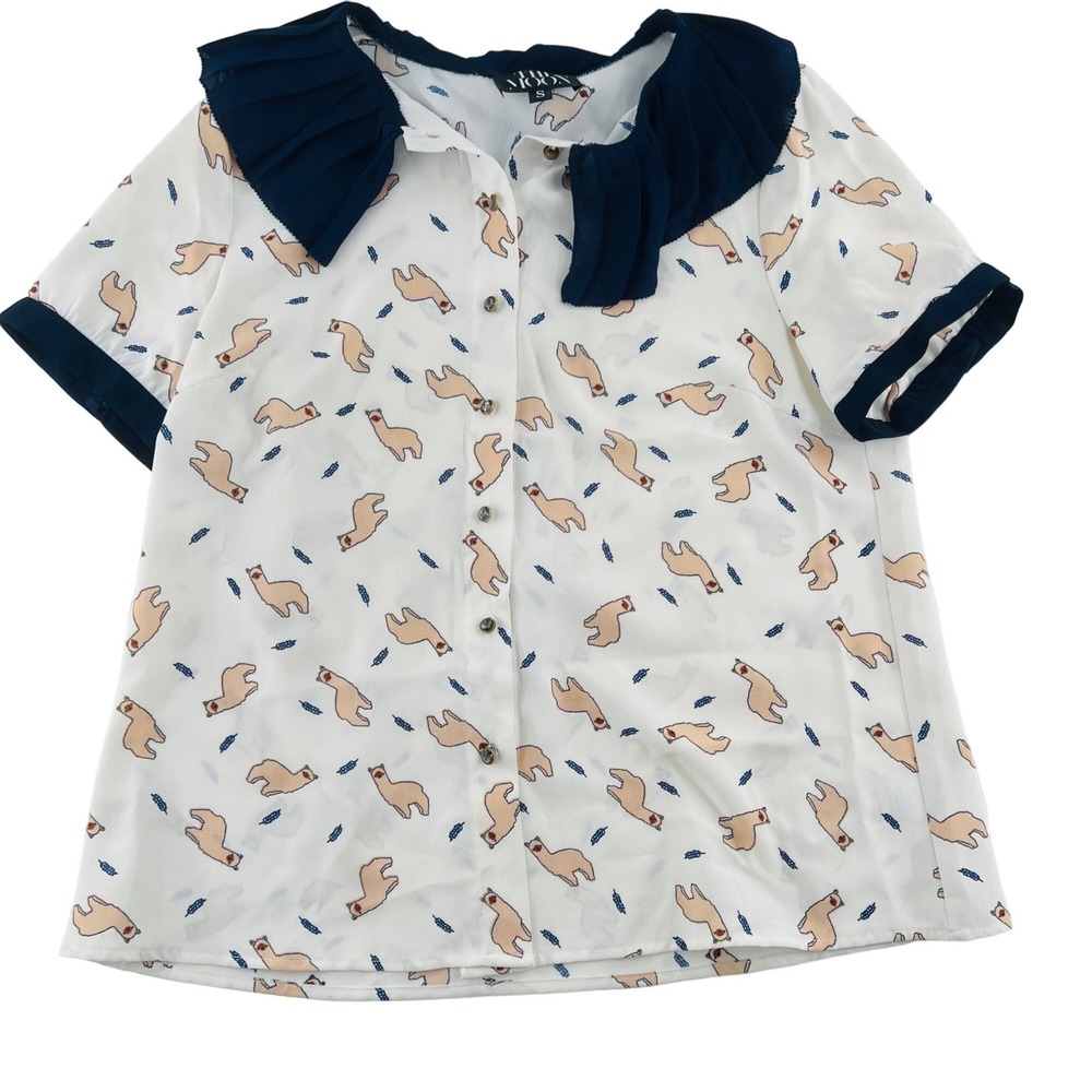 THE MOON blouse Llama Alpaca Print‎ Short Sleeves Women's size Small